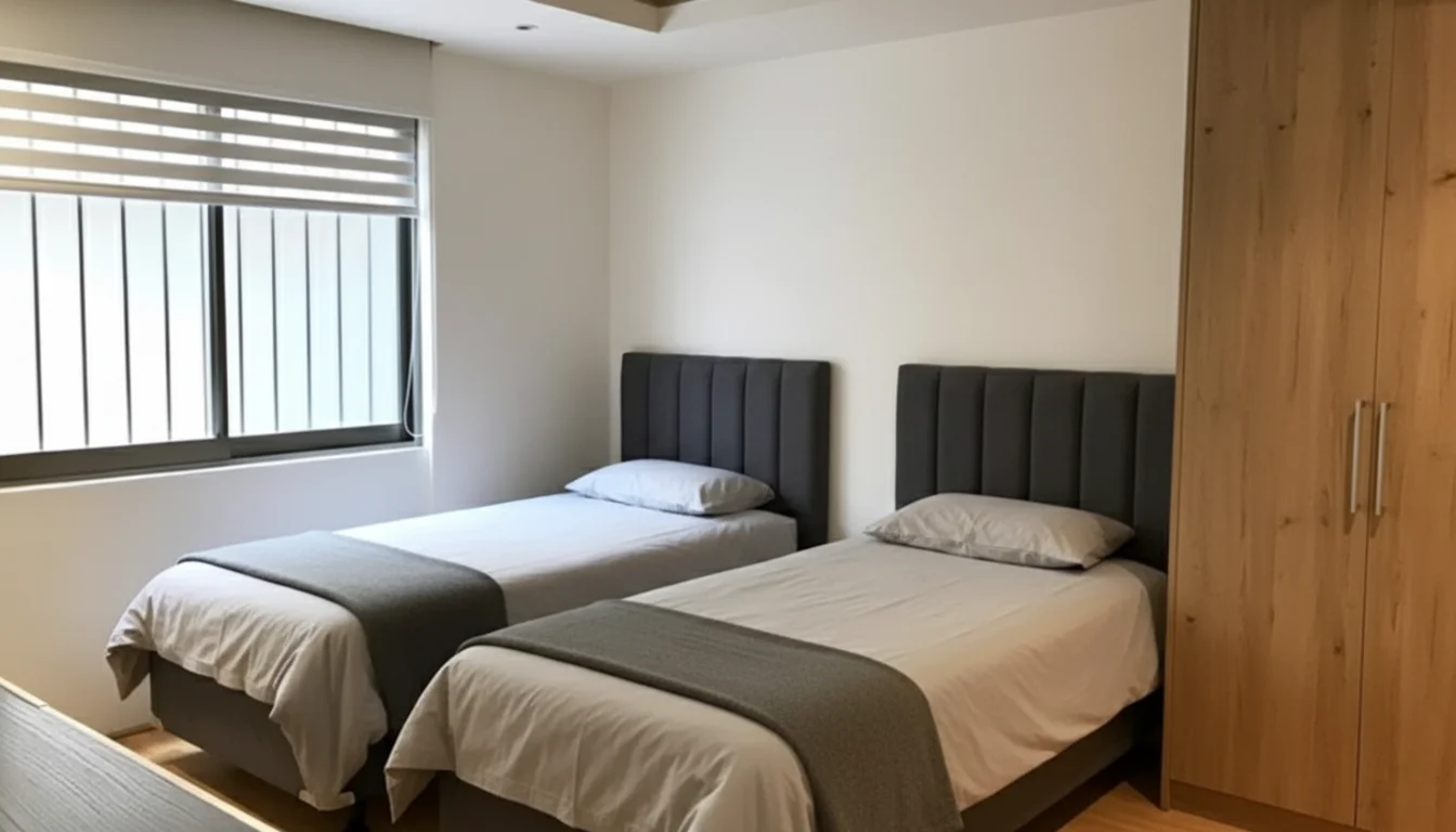 Recámara bien iluminada con dos camas individuales y closet.