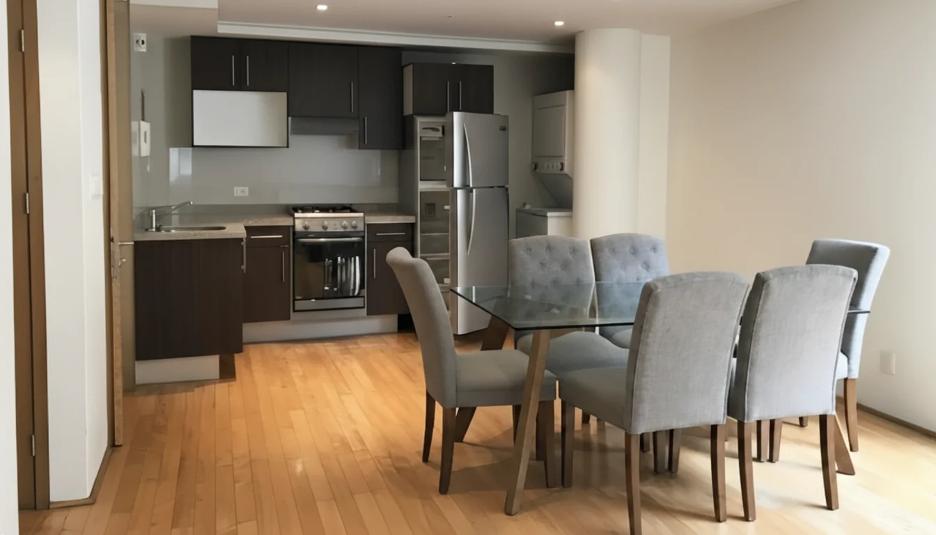 Cocina integral moderna con electrodomésticos de acero inoxidable y área de lavado.