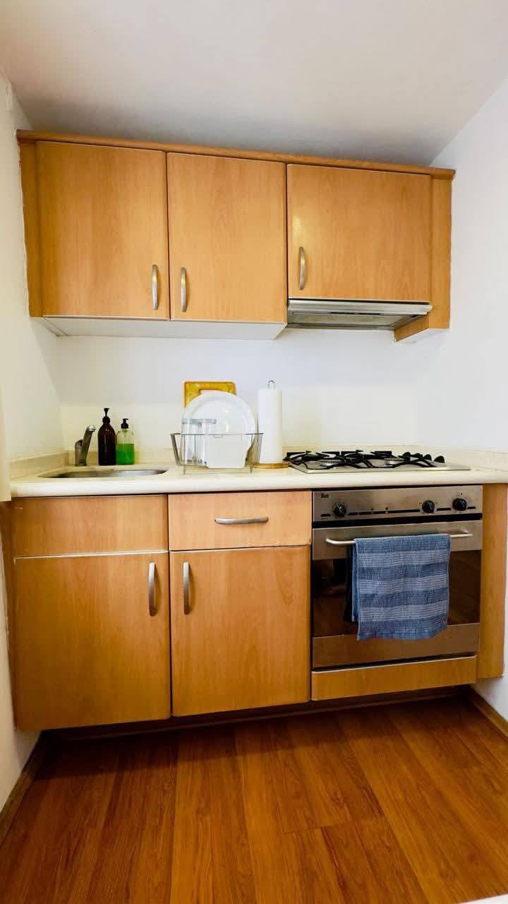 Cocina integral con gabinetes de madera clara y electrodomésticos modernos.
