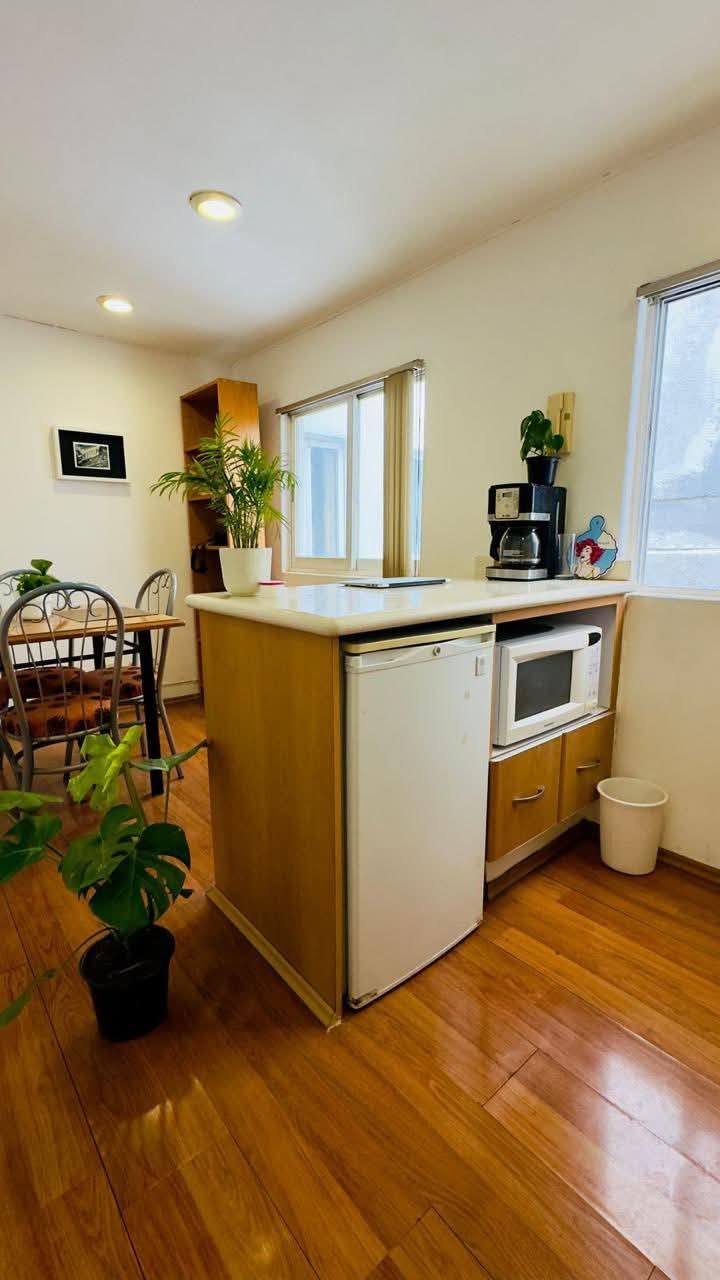 Vista del espacio de cocina con microondas y refrigerador.