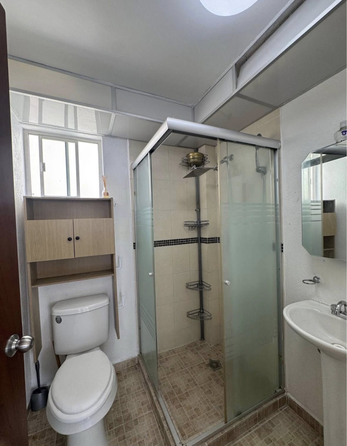 Baño con ducha de cancel y mueble de almacenamiento.