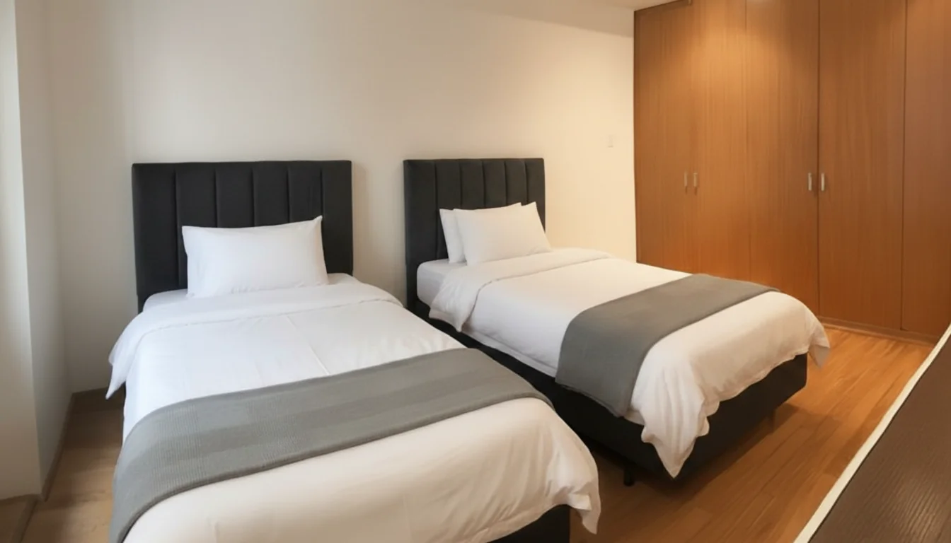 Recámara con dos camas individuales y clóset de madera.