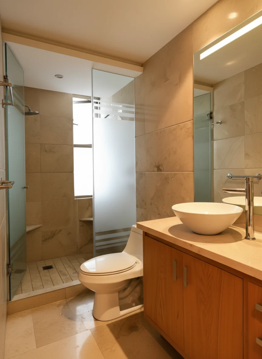 Baño moderno con ducha de vidrio y lavabo de diseño.